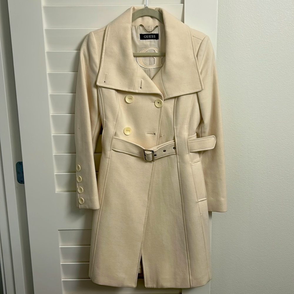 Guess off-white double-breathed belted wool-blend midi coat, size S